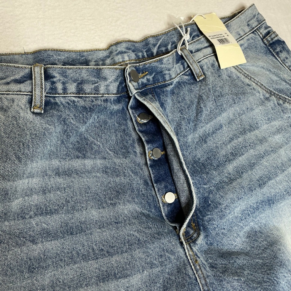 MIMI Mens Light Wash Denim Carpenter Jeans Distressed Frayed Hem Button  Fly 42L